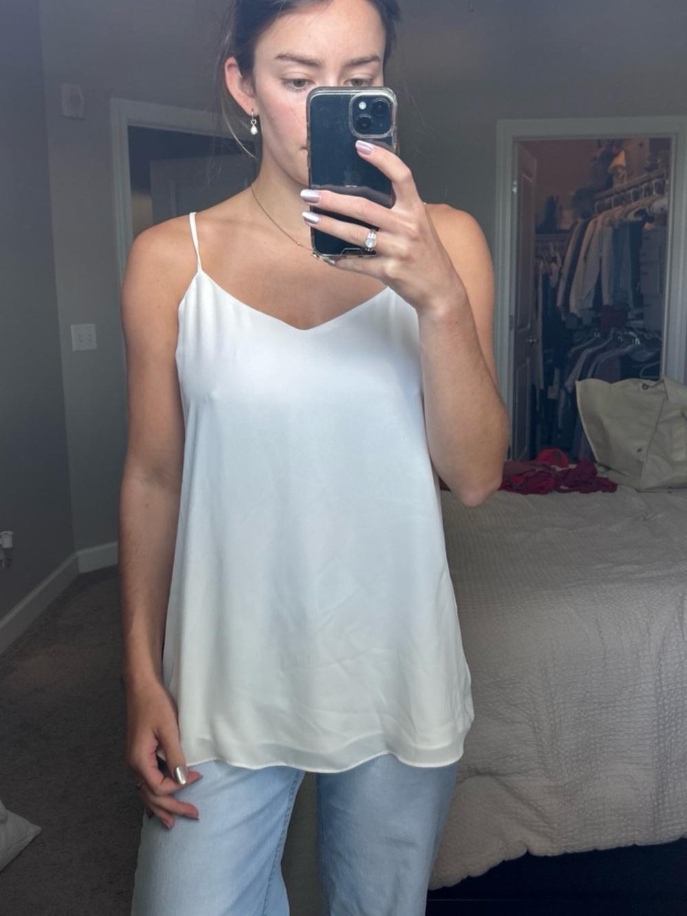 Hippie Rose White Satin V-Neck Cami with Spaghetti Straps